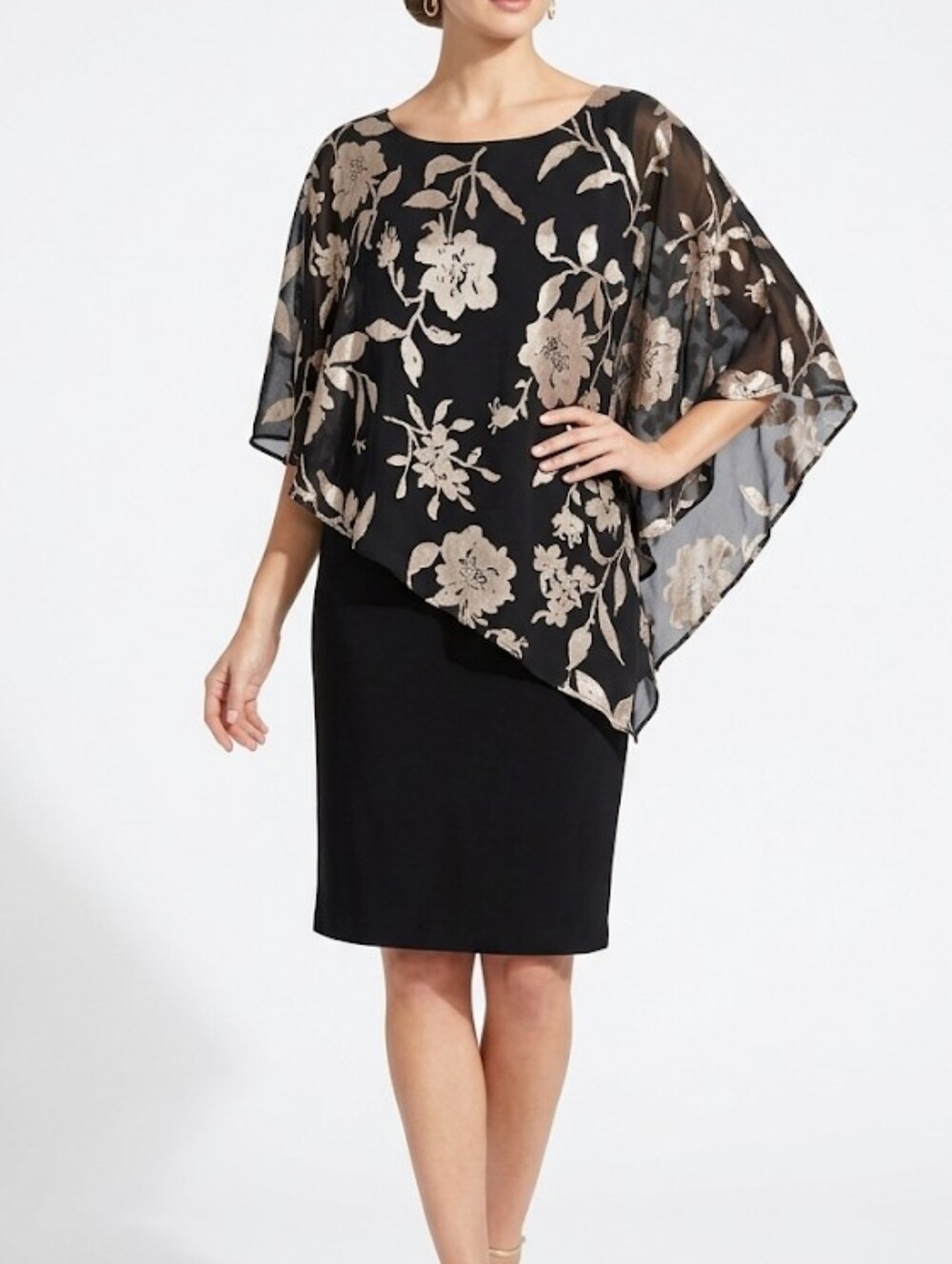 Perceptions New York Black Midi Dress with Cream Floral Overlay Cape Size 18